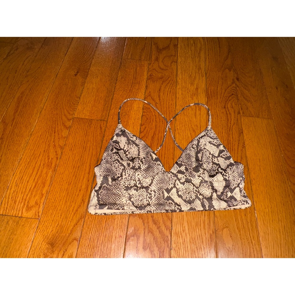 HM Womens Snakeskin Print Triangle Bikini Top Gray Cream Sz 8 Adjustable Straps